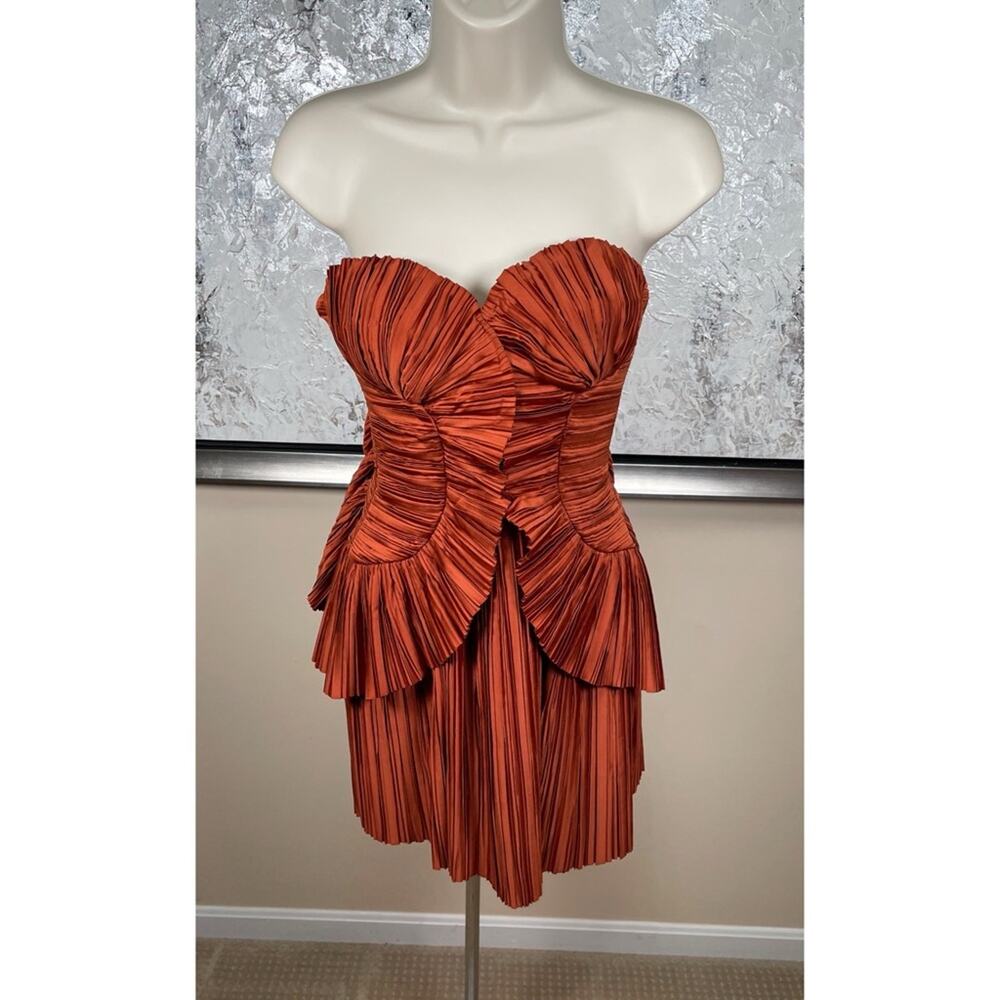 CULT GAIA Charlique Ruched Pleated Strapless Peplum Brown Mini Dress Size 2 - Picture 5 of 13
